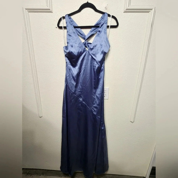 Lulus Purely Elegant Slate Blue Satin Twist-Back Maxi Dress Wedding Party Prom - Picture 6 of 12